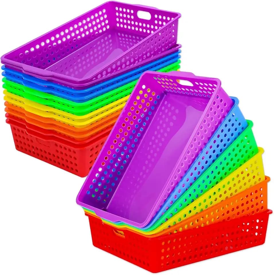 12 Pcs Plastic Classroom Storage Baskets Bulk 12 Colors 14 x 10 In Turn in Paper Tray for Classroom A4 Size Colorful Storage Organizer Bin with Handles Stackable Container