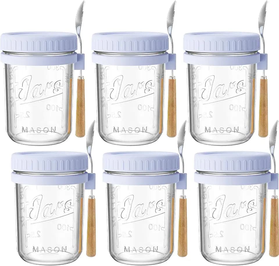 16oz Glass Overnight Oats Containers with Lids and Spoons, 6 Pack Purple