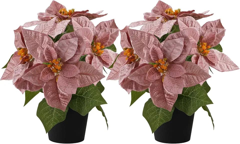 2 Pcs Small Fake Poinsettias Artificial Plants 11.8",4 Pink Velvet Heads Faux Christmas Flowers in Pot for Home Office Table Indoor Christmas Winter Decorations