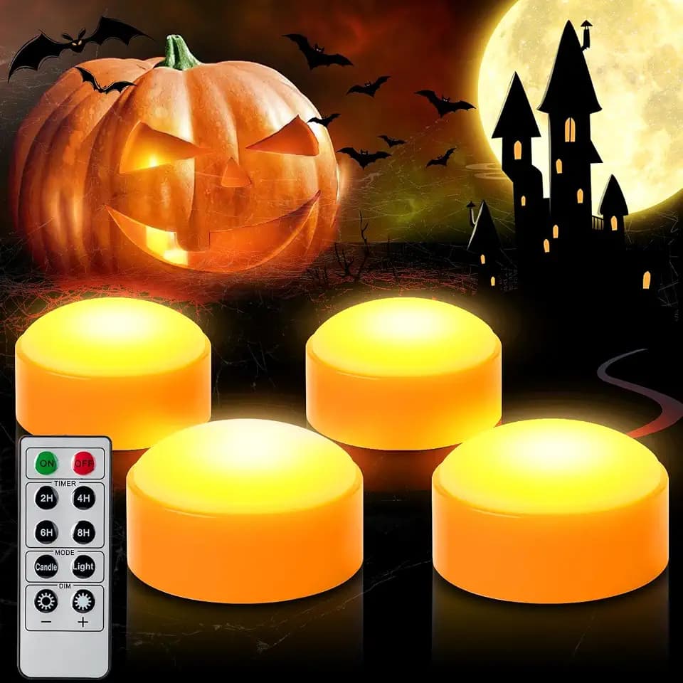 4 PCS Halloween Pumpkin LED Lights with Remote Timer Bright Flickering Battery Operated Jack-O-Lantern Electric Flameless Candles for Halloween Decorations Gift Supplies Orange Color