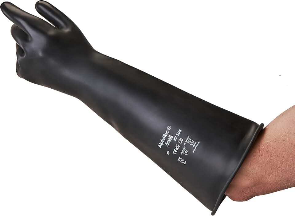 Ansell AlphaTec 87-104, Hochbelastbare Chemikalienschutzhandschuhe, 43cm Lange Stulpen, Strapazierfähige Schwarze Naturkautschuk- Latex Handschuhe für Industrie, Große Gummihandschuhe,10.5/XL