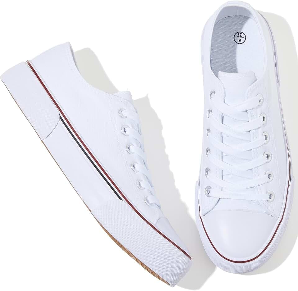 Adokoo Canvas Tennis Shoes for Women Low Top Casual White Black Sneakers for Women Lace Up Fashion Comfortable Walking Shoes