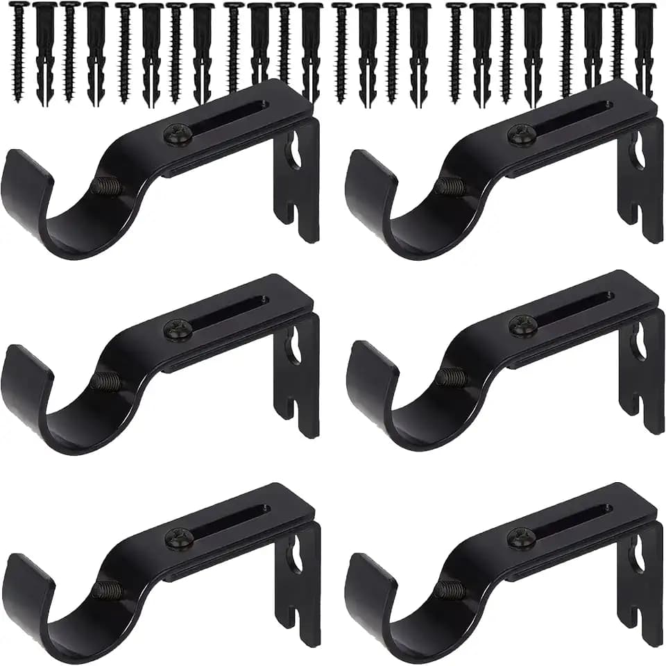 Curtain Rod Brackets for Adjustable, 6 Pack Premium Rod Bracket for Walls, Curtain Rod Holder, Drapery Rod Holders Hardware Window Curtain Rod Support Hanger for 1 Inch Rod (Black-6Pack)