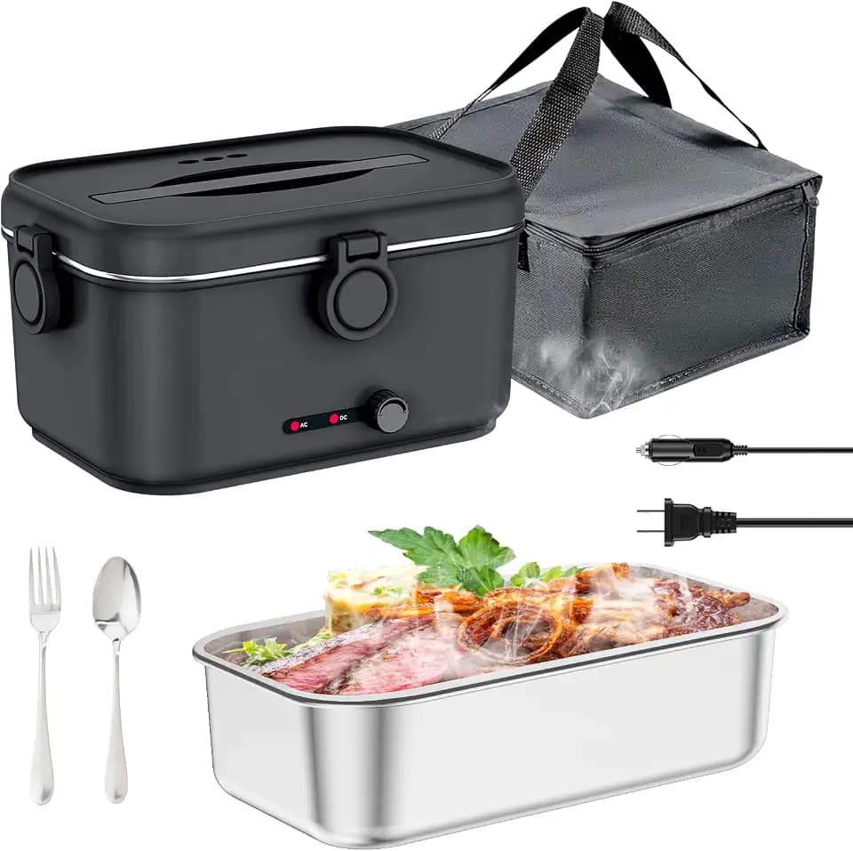 Heated Electric Lunch Box for Adults, 80W Portable Food Warmer with 1.8L Stainless Steel Container, Utensils, Carry Bag & Leakproof Lid, 12V/24V Car/Truck & 110/120V Home/Office (Black)