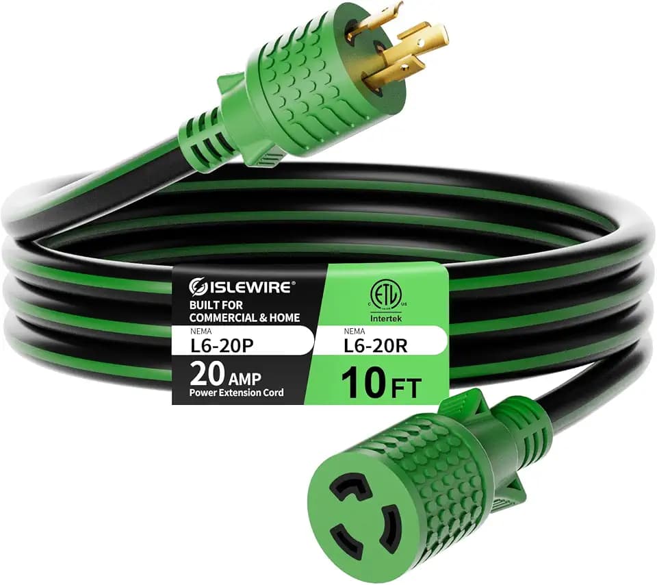 L6-20 Extension Cord 10FT, 20 Amp 250V 5000W, NEMA L6-20P to L6-20R Twist-Lock Power Cord, 12AWG/3 Heavy Duty SJTW, ETL Listed 20 Amp Extension Cord for Workshop, Industrial & Data Center Use