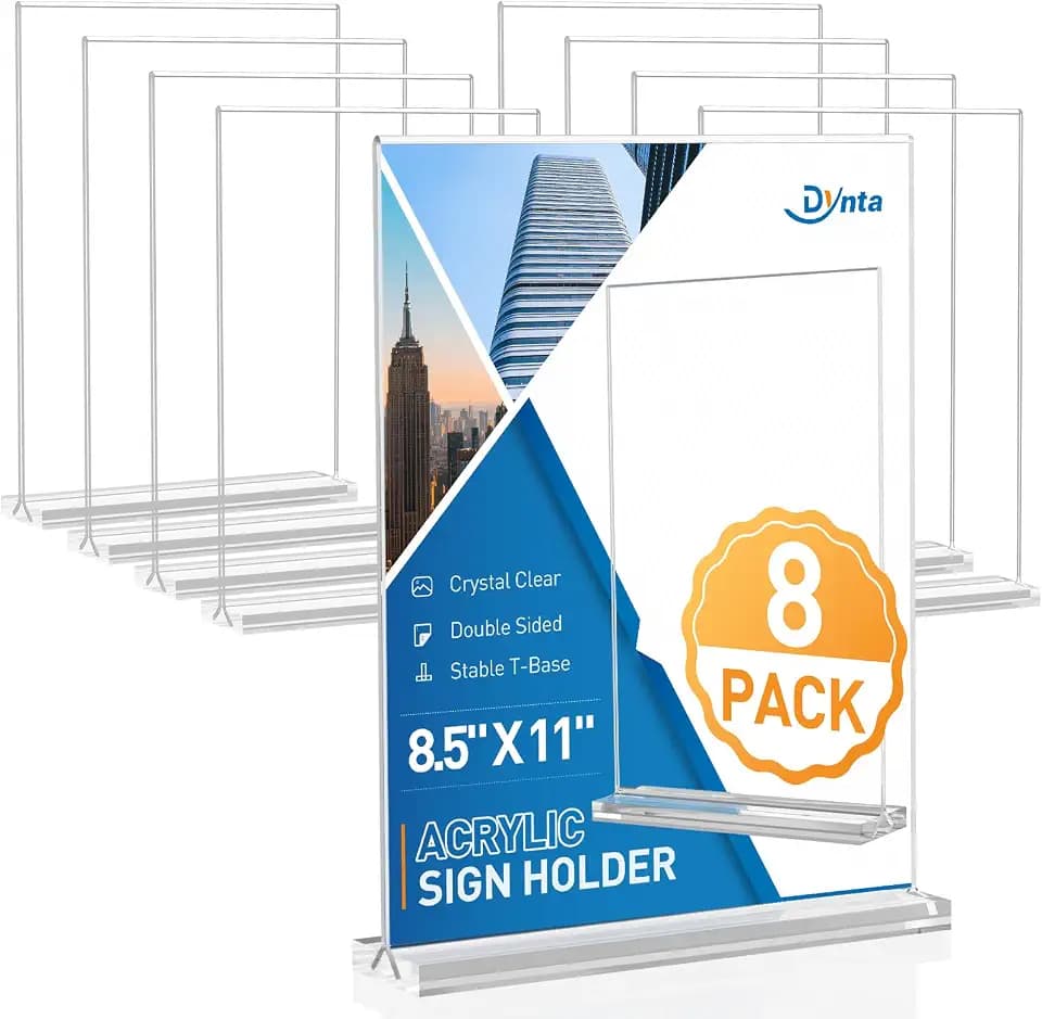 Dynta 8 Pack Acrylic Sign Holder 8.5 x 11, Clear Display Stand with Stable Base, Double Sided Table Sign Holder for Menus, Flyers, Office & Business Countertop Use