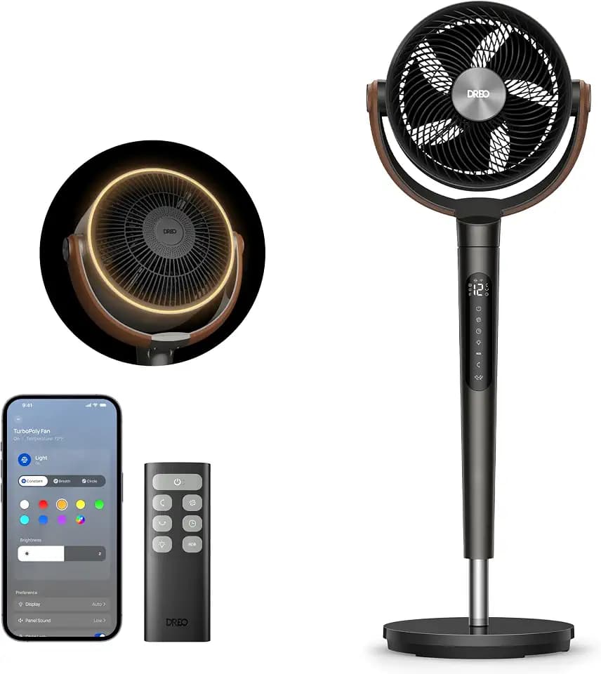 DREO Smart Fan for Bedroom with RGB Light, 150°+120° Omni-directional Oscillating, Quiet Fan, 100ft Air Circulator Pedestal Fan, 12 Speeds, 6 Modes, 37-42'' Height, Wi-Fi/Voice/Alexa, black