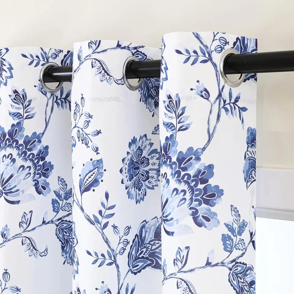 L.Z.E Blue and White Floral Privacy Curtains 84 Inch 2 Panels, Non-See-Through Light Filtering Semi Sheer for Living Room Bedroom, Grommet Top Vintage Printed Window Drapes