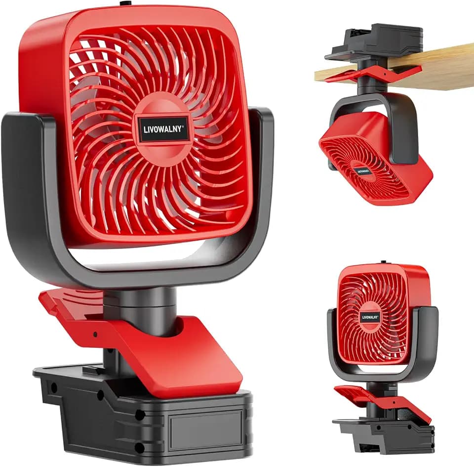 LIVOWALNY Clip Fan Compatible with Milwaukee 18V Battery (Tool Only) 4" Cordless Portable Clip-On Fan with 3 Speeds & Adjustable Angle for Camping Jobsite Tent Travel Fishing Outdoor