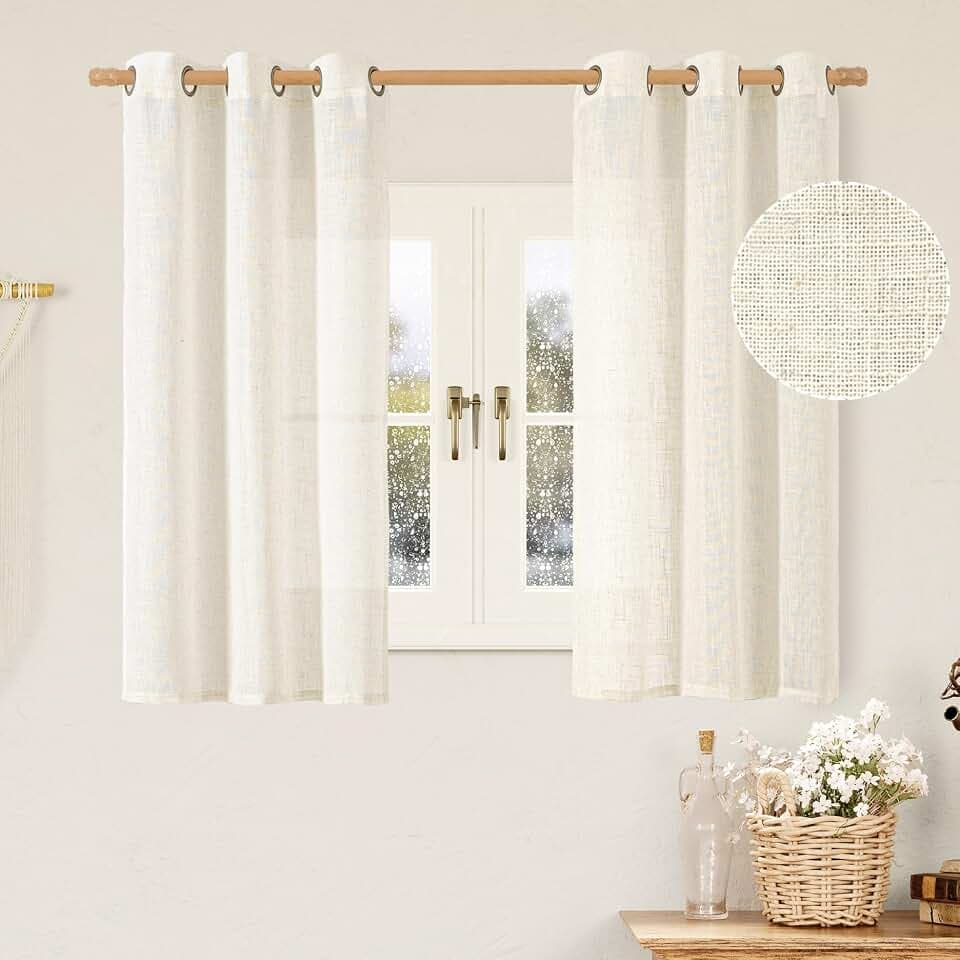LAMIT Short Linen Sheer Curtains 54 inch Length for Windows 2 Panels