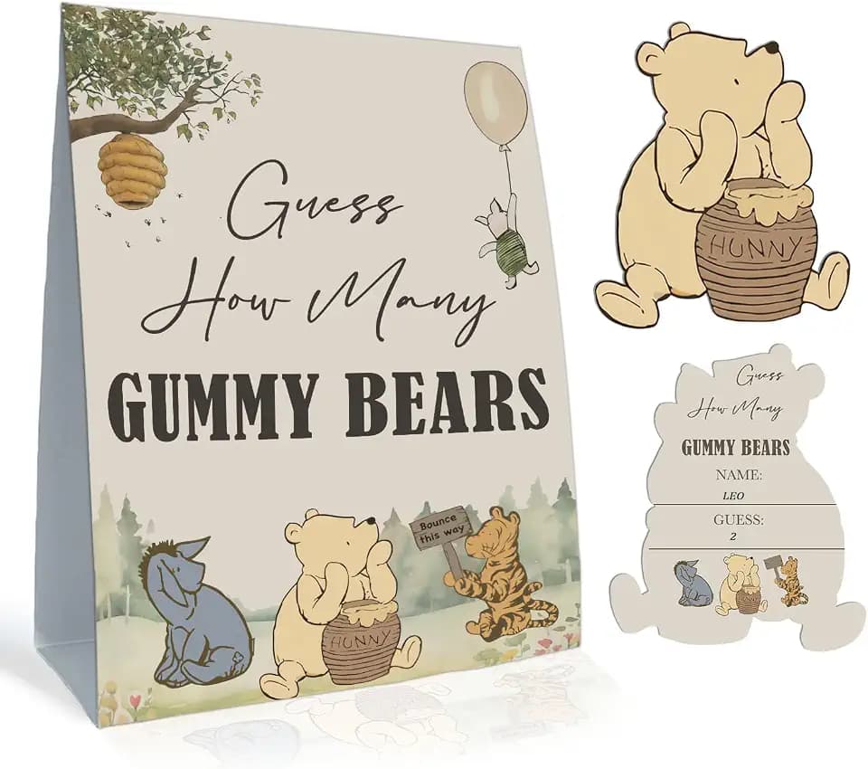 the Pooh Baby Shower Games Card, Included 1 Guess How Many Gummy Bears Sign and 30 Winnie Guessing Cards, Winnie Baby Shower Game for Boys Girls, Birthday Party Supplies 5 * 7IN