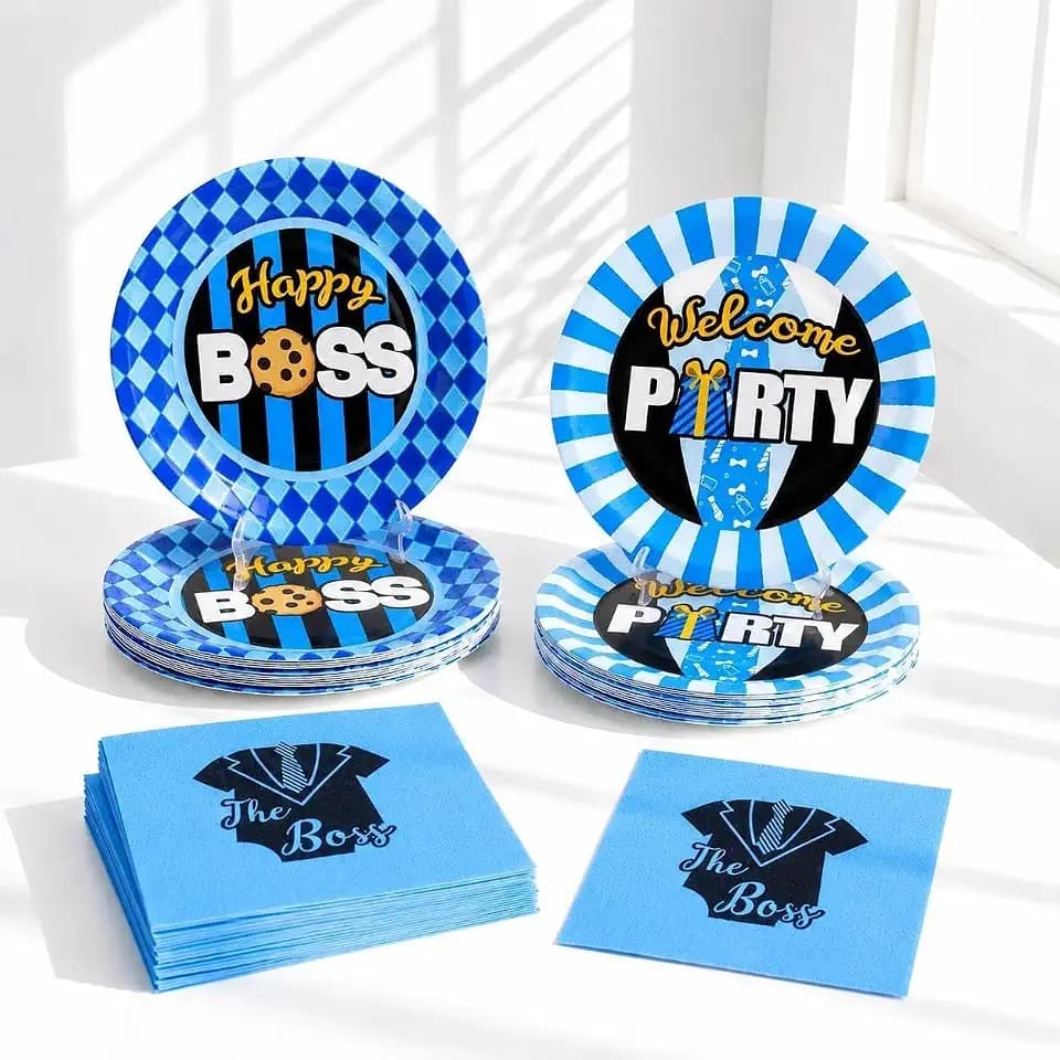 Blue Black Boss Birthday Tableware Party Supplies for 12 Guests