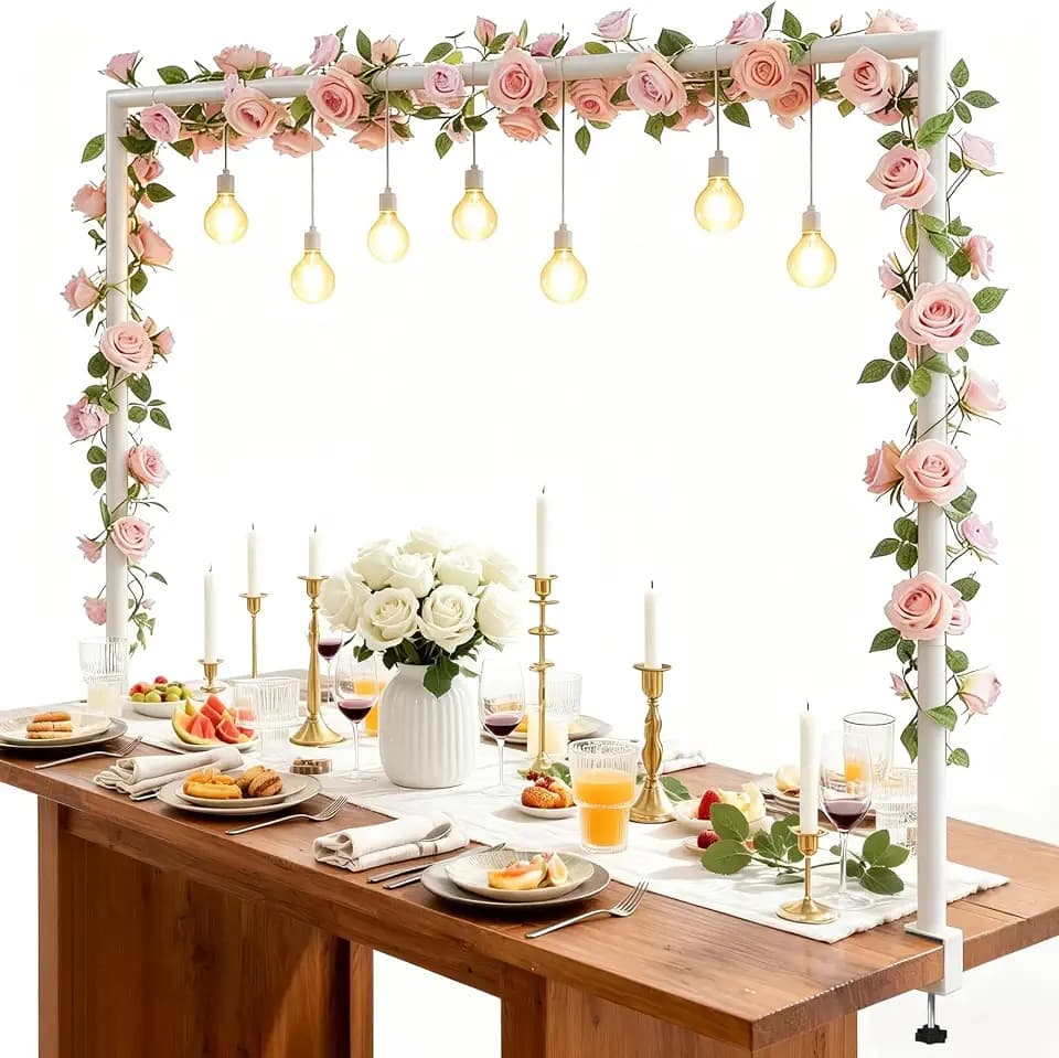 Over The Table Rod Stand with Clamps, Adjustable 32"-102'' Length 14"-56" Height Metal White Table Arch Hanging for Wedding Birthday Party Halloween Christmas Anniversary