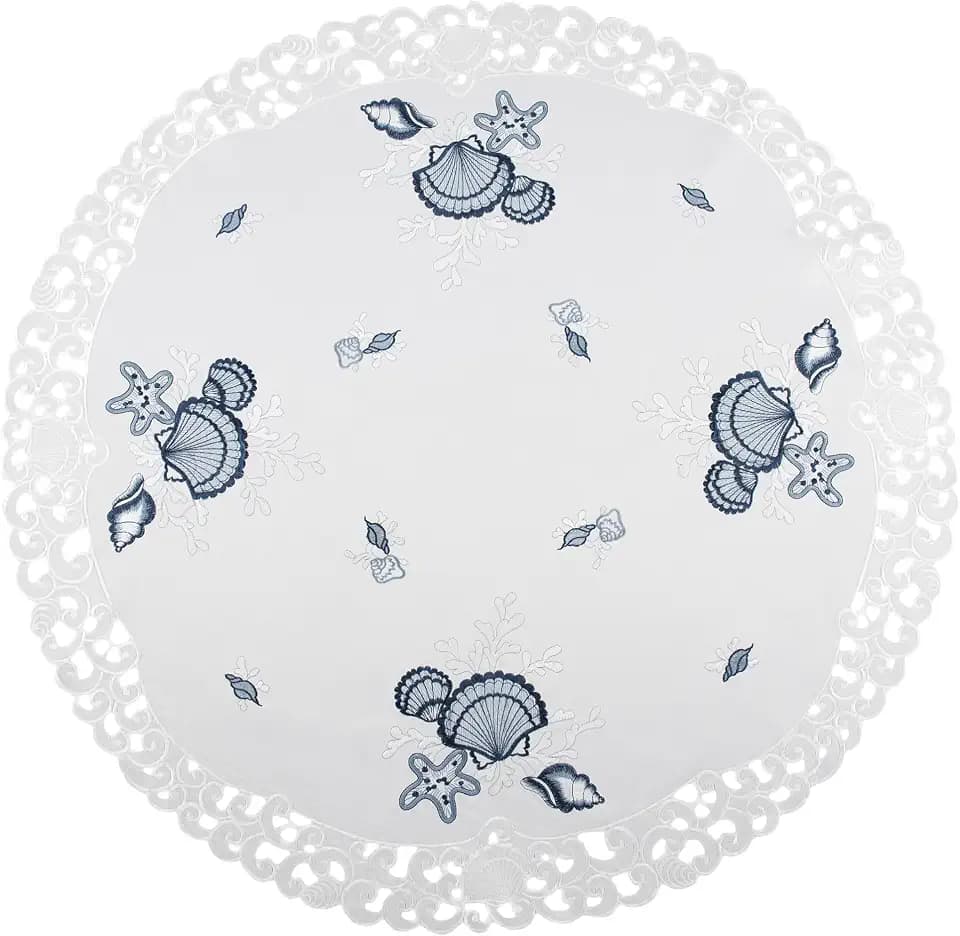 LAT Embroidered Blue Seashell Beach on White Round Table Topper, Doily, Small Tablecloth (33 Inch Round)