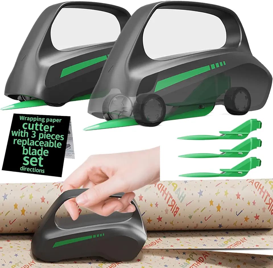 2PC Wrapping Paper Cutter with 3 Replaceable Blades, Car Design Cutter Dispenser Tool Adapt for Any Diameter Gift Wrapping Paper Roll, Cutting Efficient Straight Easily & Safely on Halloween Christmas