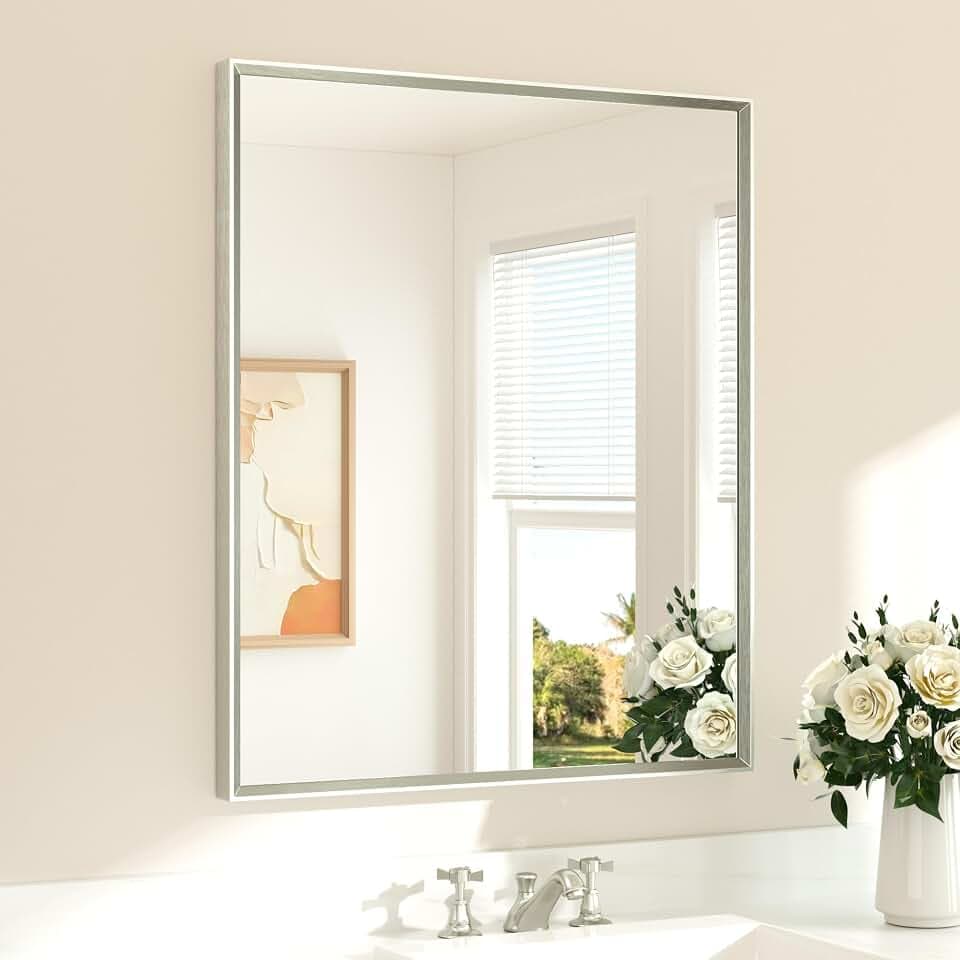 TETOTE Brushed Nickel Mirror for Bathroom Sink 30" x 36" Beveled Frame Brushed Nickel Vanity Rectangle Mirror for Bathroom Wall, Modern Farmhouse, Tempered Glass, Shatterproof, Stronger Frame