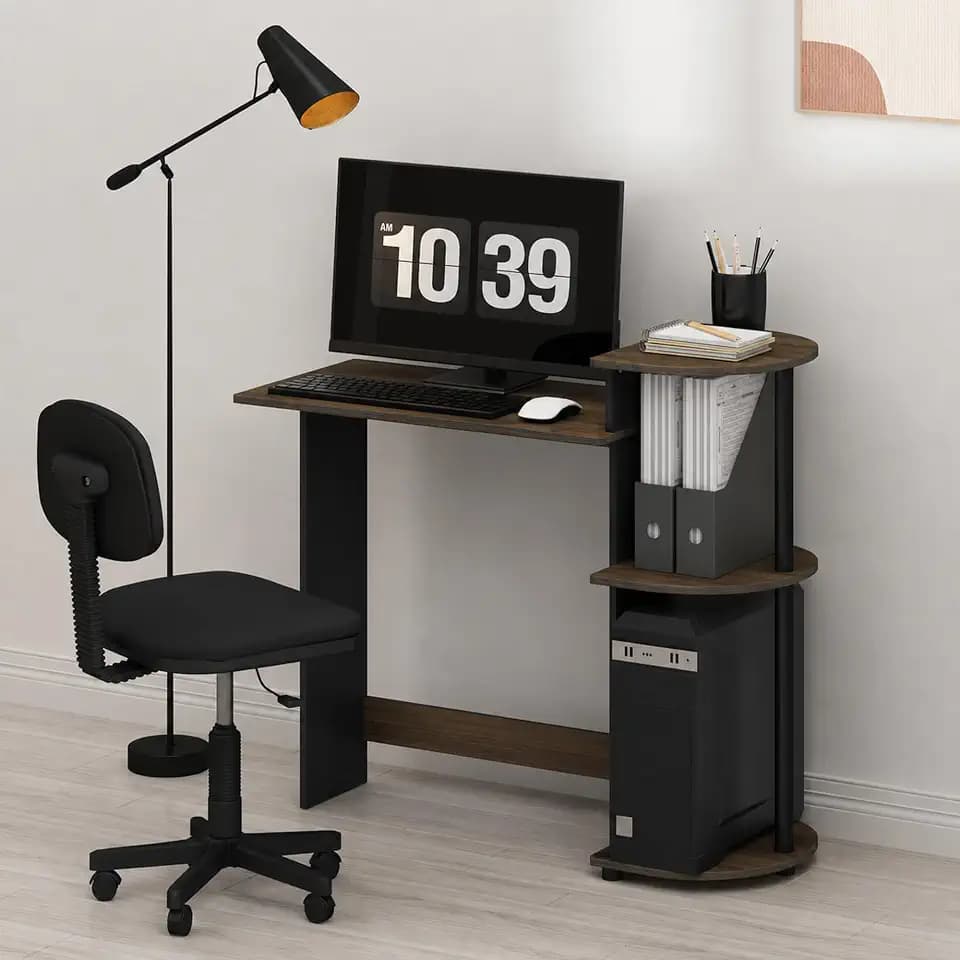 Furinno Compact 29-Inch Rustic Brown Computer Desk, Gaming Desk with Shelves, Office Desk with Book Shelf, for Home Office, Study Room, Dorm, Bedroom, Brown Walnut