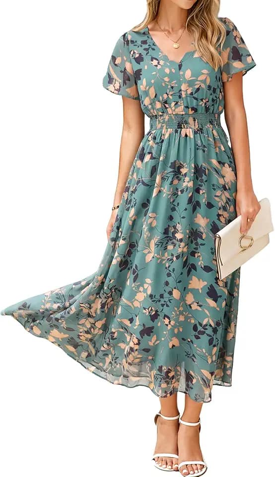 Simplee Womens Floral Maxi Dress Short Sleeve Summer Boho Wedding Guest Dress Empire Waist Chiffon Modest Midi Dresses