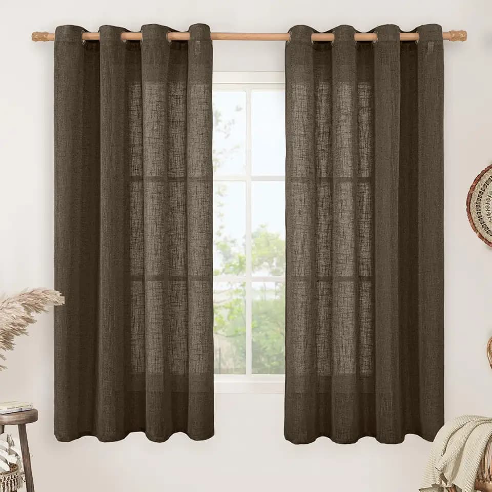 LAMIT 63 Inch Long Linen Curtains for Bedroom 2 Panels, Dark Brown