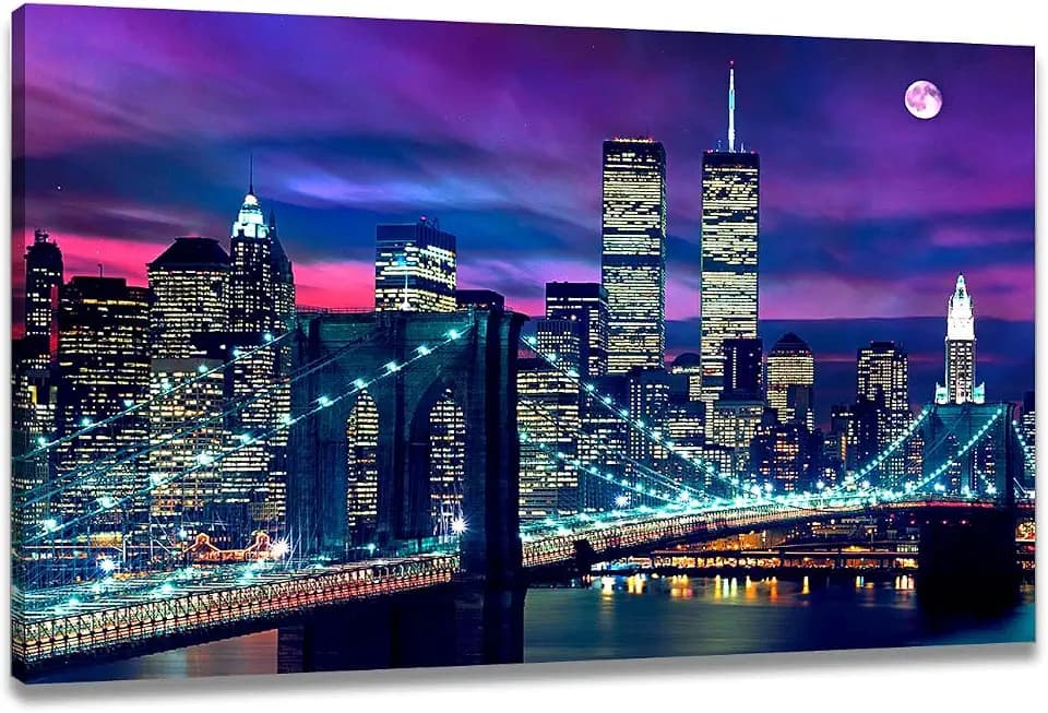 ChaudArt Night New York City Scene Picture Print on Canvas Framed Gallery Wrapped Modern Home and Office Decoration