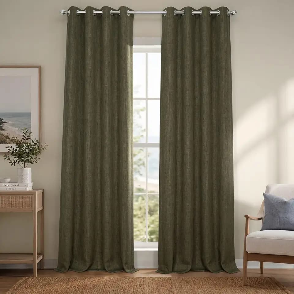 Grommet Faux Linen Curtains for Living Room (1Panel) 50W X 96L, Khaki Green