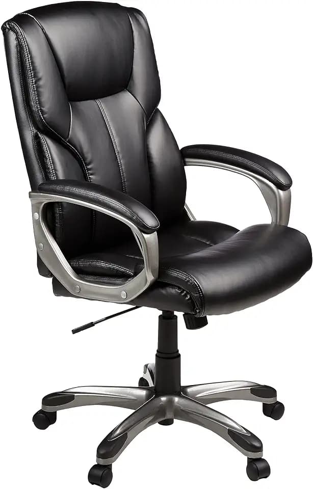 Amazon Basics Executive High Back Office Chair, Adjustable Height, Tilt, Swivel, Padded Seat, Bonded Leather, Wheels, Black/Silver