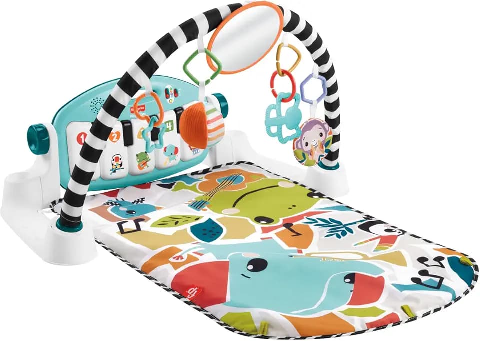 Fisher-Price Kontrast Kick & Play Pianospieldecke für Babys, Spielspaß Pianospieldecke, tragbares Musikspielzeug mit Smart-Stages-Lerninhalten, ab 0 Monaten, blau, französische Version, HWY56