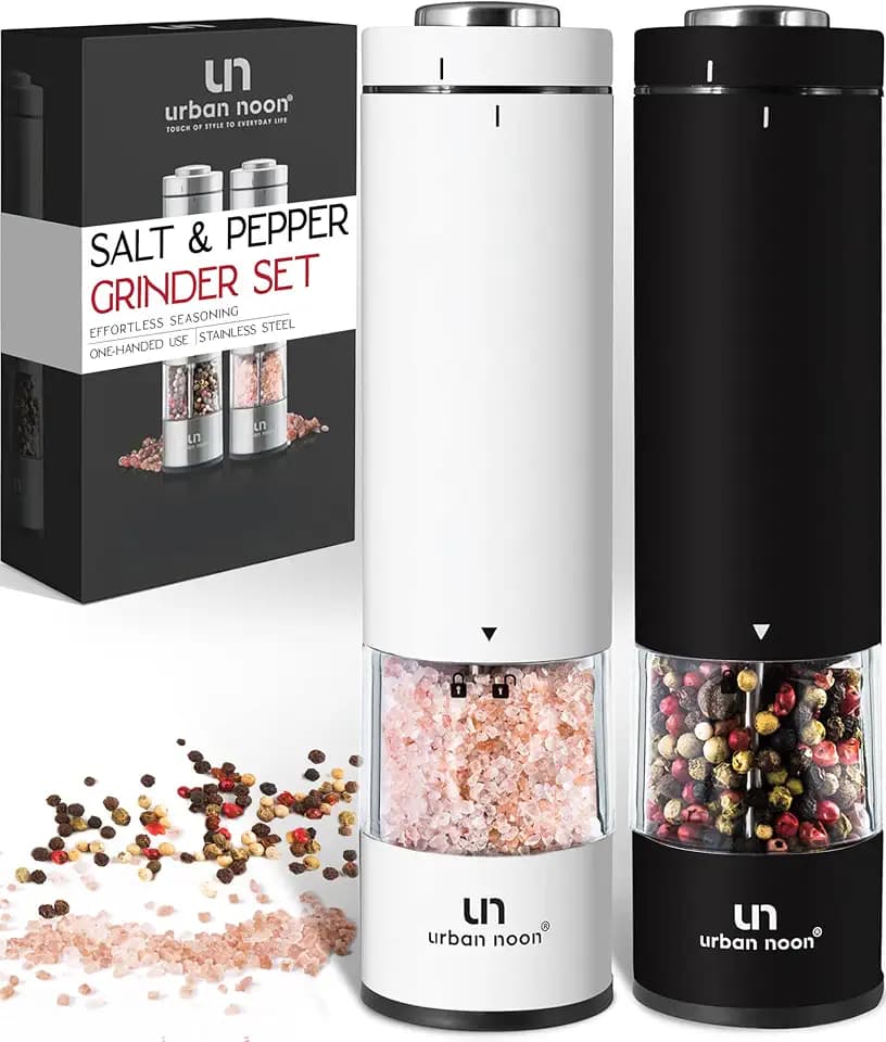 urban noon Electric Salt and Pepper Grinder Set (2 Mills, 8.1" Tall) - One-Handed Push-Button Mills with LED Light, Adjustable Ceramic Coarseness, Gift-Ready Box, 1-Year Warranty - Black & White