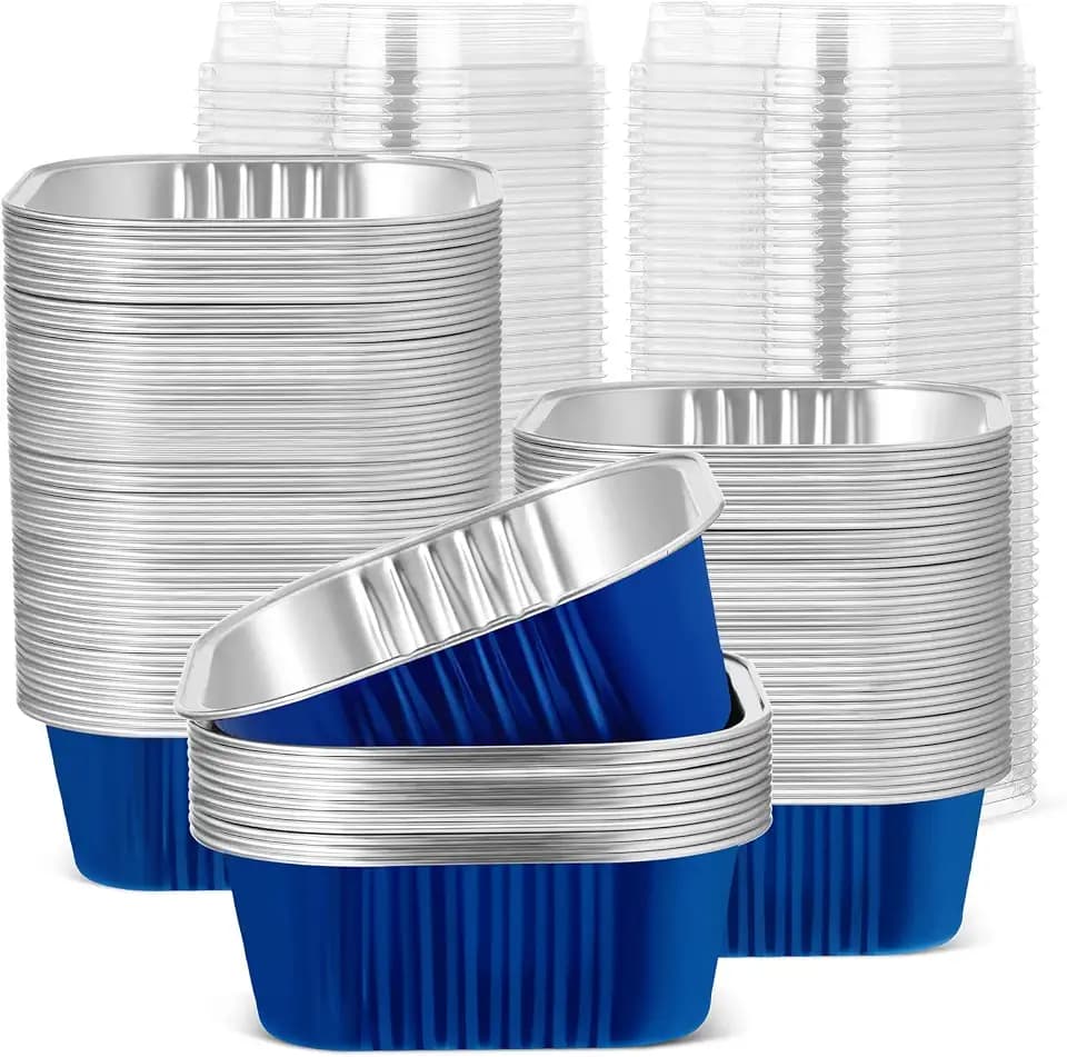 50 Pcs Aluminum Foil Baking Cups with Lids 10 oz Square Baking Cups Disposable Ramekins with Lids for Flans Snacks Pudding Pan Tin Wedding Catering Party Favor (Royal Blue)