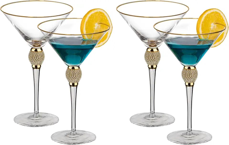 4 Piece Premium Clear Stem Crystal Martini Glasses with Gold Rim and Diamond-like Rhinestones, Elegant 10oz Glassware Set for Cosmopolitan, Vodka, Gin and Other Cocktails, Fancy Manhattan Drinkware