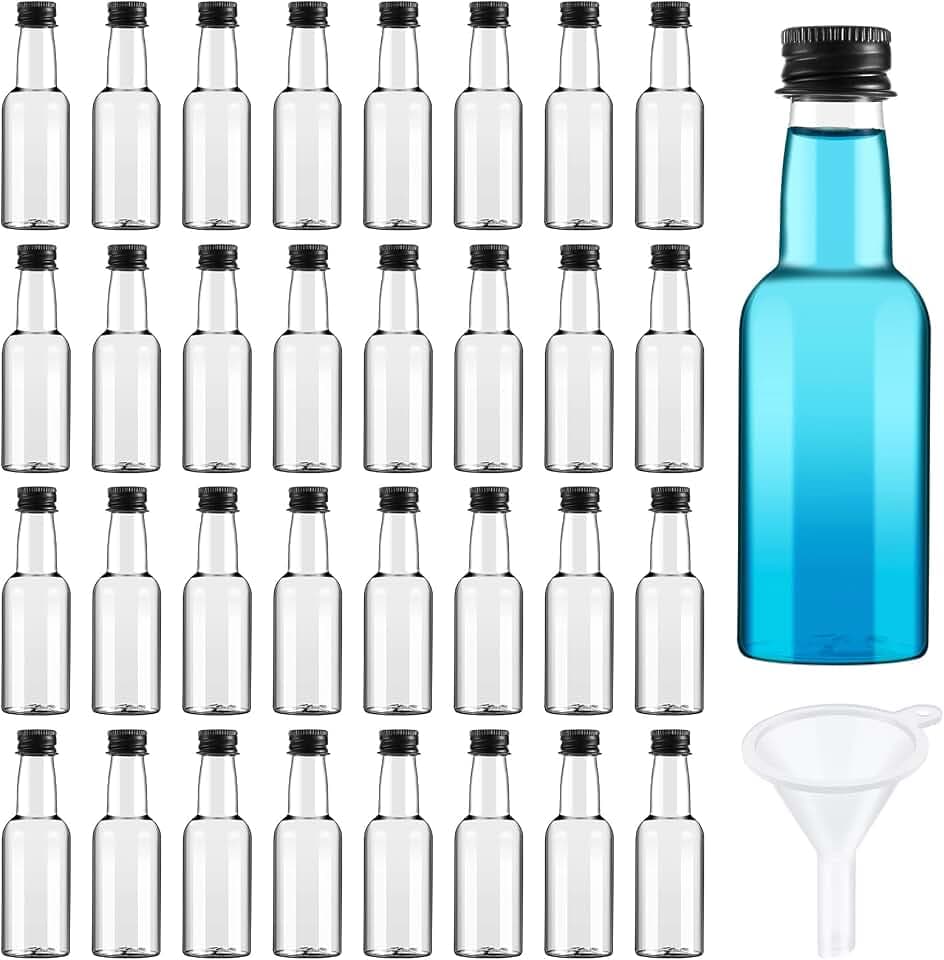 Tessco for you 100 Pcs Mini Liquor Bottles with Black Lids, 2.5 oz