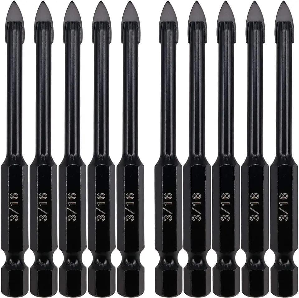 10PC 3/16" Glass & Tile Drill Bit Set, YG6X Carbide 1/4" Hex Shank