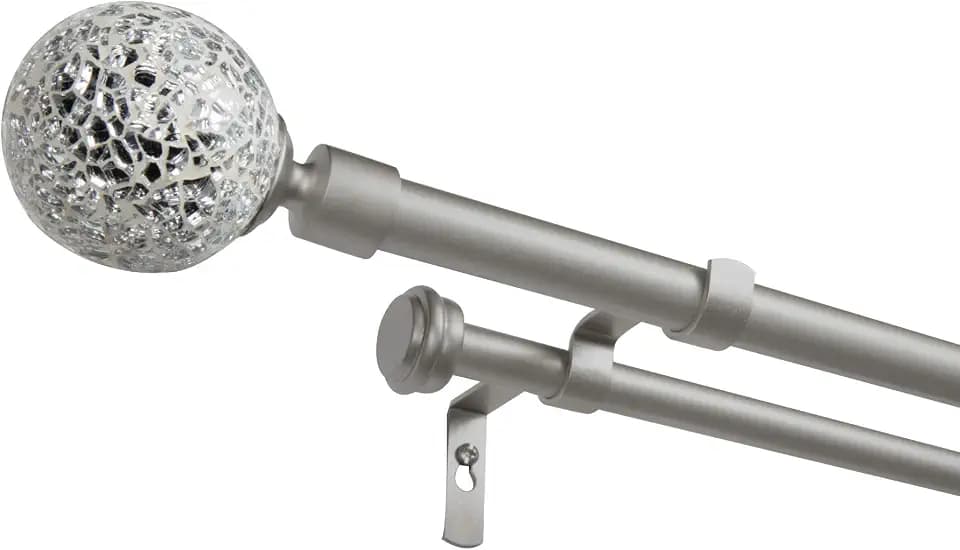 EXCLUSIVE HOME White Mosaic Double Curtain Rod and Finial Set, Matte Silver, 36"-72"