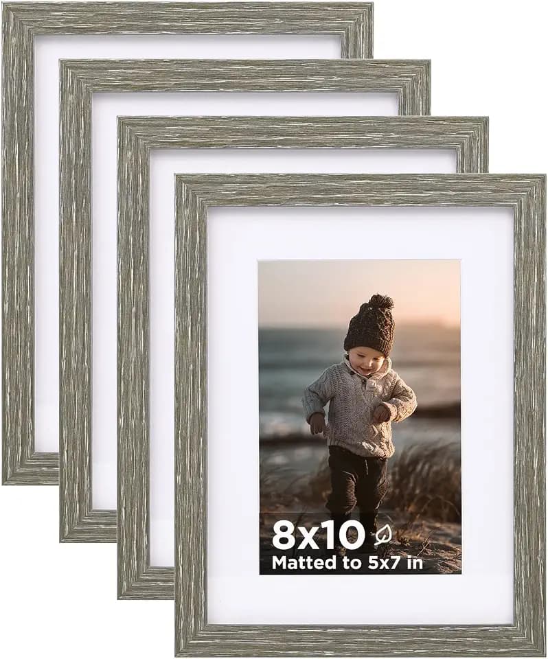 KINLINK 6x8 Picture Frame Light Walnut Set of 4, Wooden Photo Frames Matted 4x6 with Plexiglass for 4x6 with Mat or 6x8 without Mat for Table and Wall Display