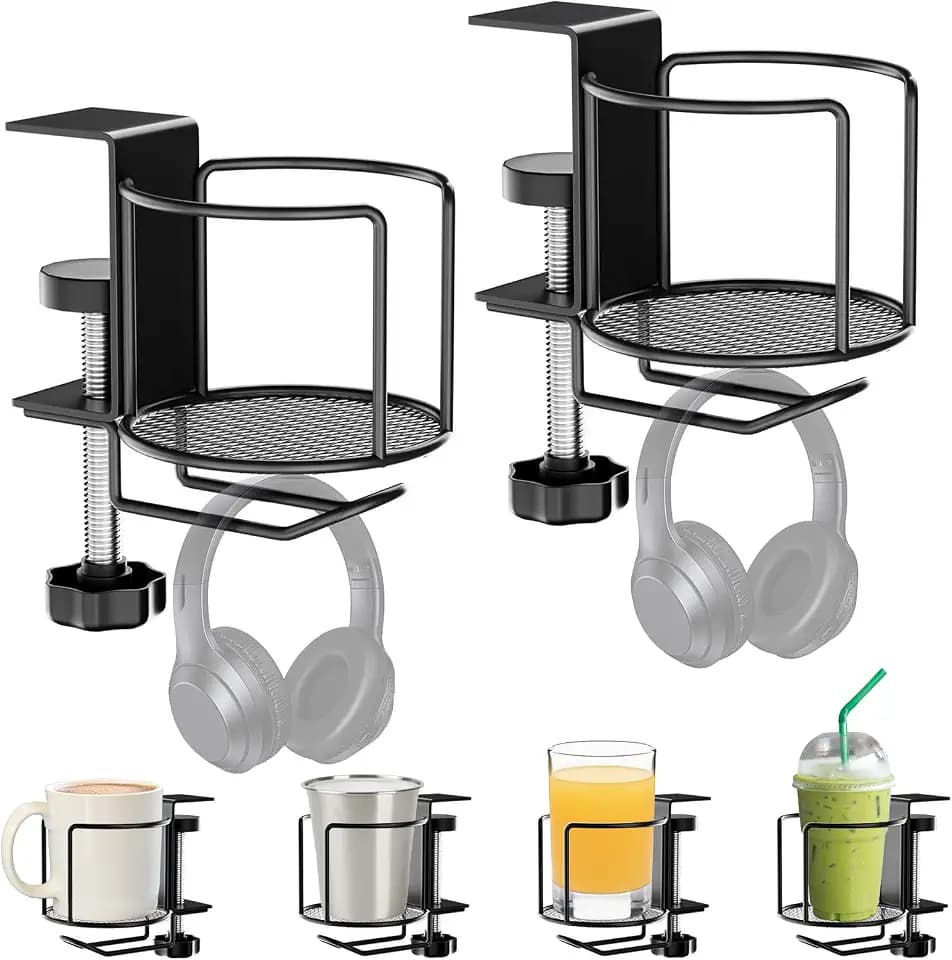 2-in-1 Desk Cup Holder with Headphone Hanger,Anti-Spill Table Water Bottle Holder,Clamp On Table Metal Drinking Holder,Compatible with Universal Cups/Bottles/Mugs/Cans/Tumblers/Thermoses/Glass,2Pack