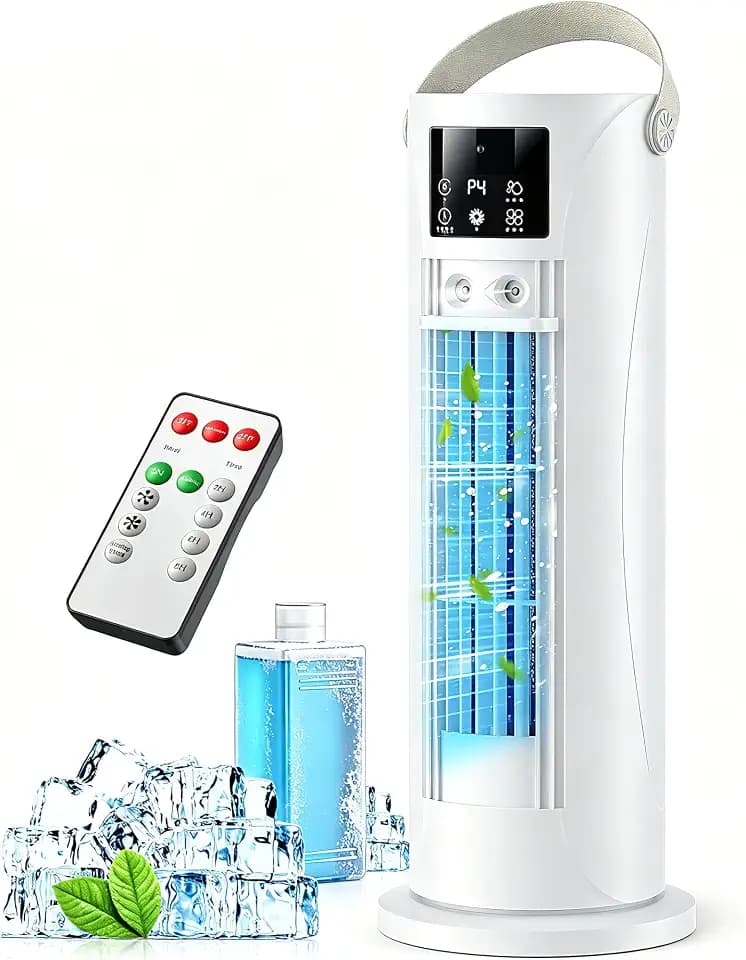 Portable Air Conditioners, 120 °rotating tower fan, portable AC for 3 wind speeds,Storm mode, 8H timing, Evaporative Air Cooler with remote control,750ML water tank, spray,cooling fan for home - white