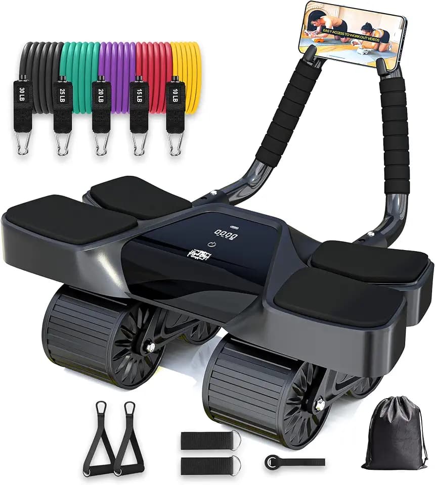 Ab Roller Home Gym Equipment – 4 Wheels Ab Wheel Muscle Roller with Built-in Tracker , 5Pcs Resistance Bands, Ankle Straps, Door Anchor, Handles, Travel Bag – Comfortable Elbow Support with Non-Slip Handles