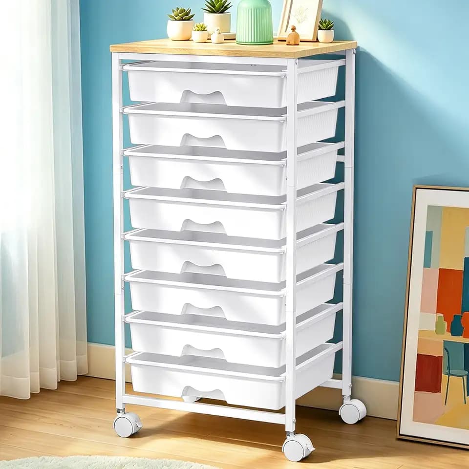SUNALLY Rolling Cart With 8 Drawers,Storage Drawer Cart for Craft Art,White