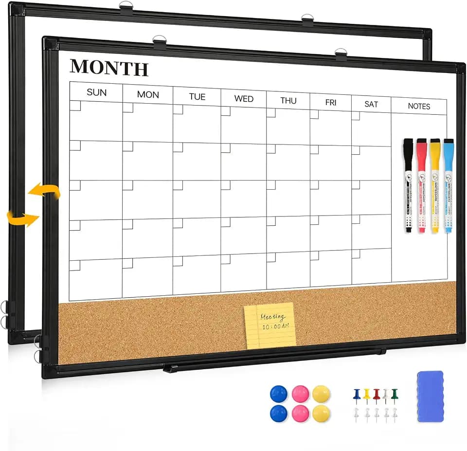 Monthly Dry Erase Calendar Whiteboard with Corkboard, 36" x 24", Black