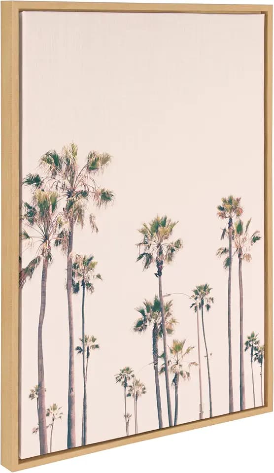Kate and Laurel Sylvie Pink Palm Tree Paradise Framed Canvas Wall Art by Caroline Mint, 23x33 Natural, Pastel Tropical Art for Wall