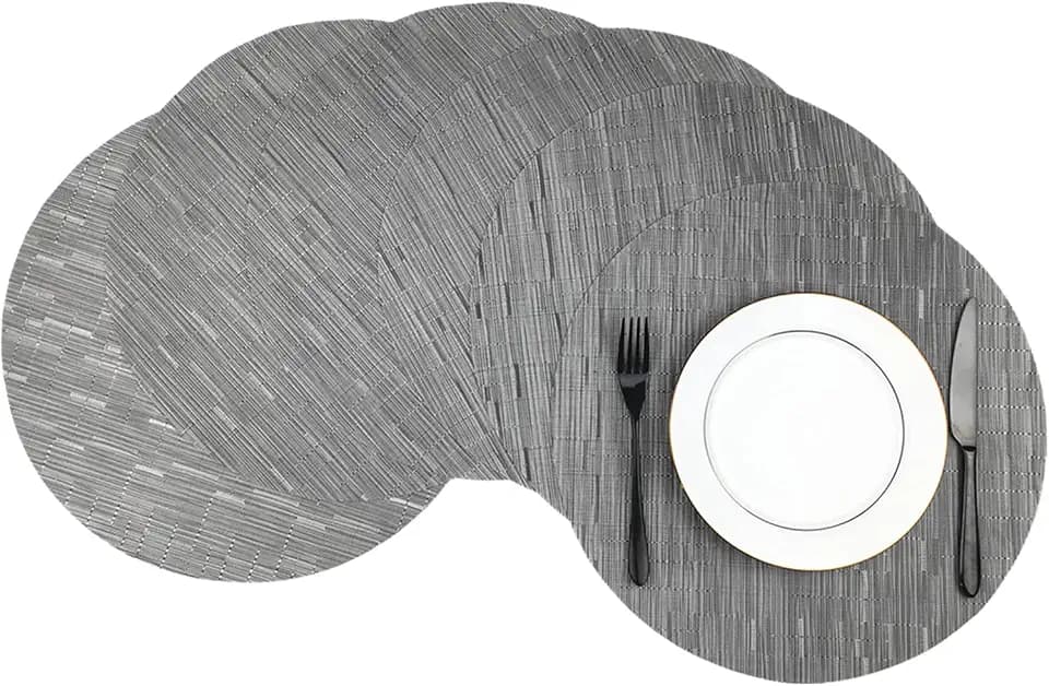 WAZAIGUR Round Placemats Set of 6, Vinyl Place Mats, 15inch, Silver Grey