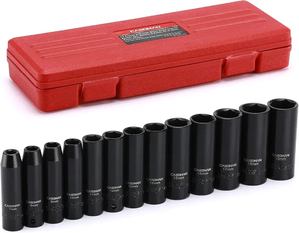 CASOMAN 13 Pieces 3/8-Inch Drive Impact Socket Set, 6-Point, Metric, Deep, CR-V, 7mm to 19mm, Heavy Duty Blow Molded Storage Case