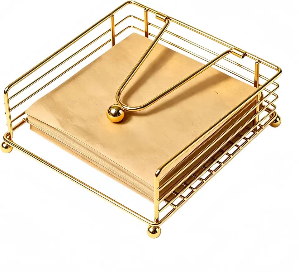 Modern Gold Square Metal Napkin Holder Weighted Arm for Farmhouse Wedding