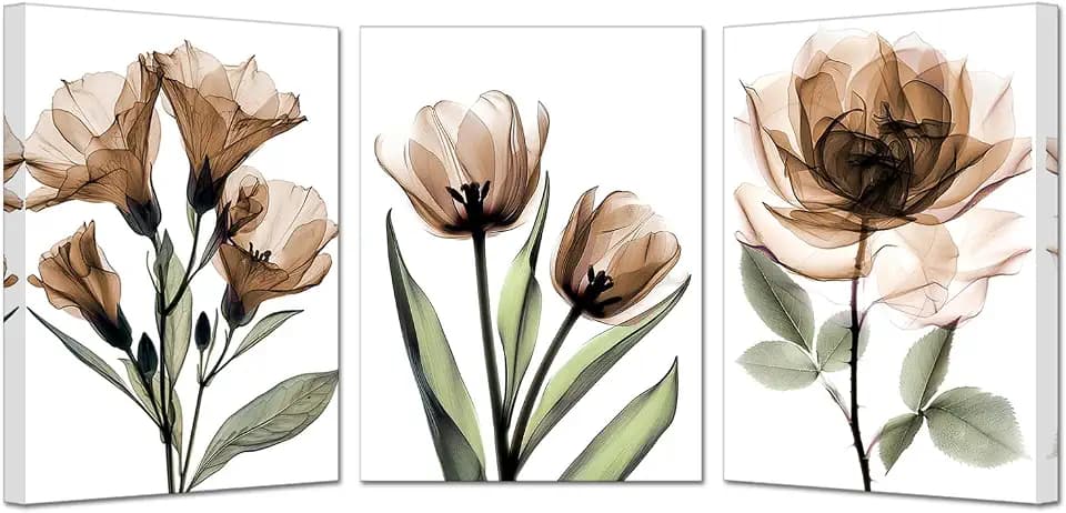 KREATIVE ARTS 3 Piece X-Ray Flower Canvas Wall Art - Abstract Transparent Floral Prints, Elegant Artwork for Living Room, Ready to Hang, 12x16'' Each (Brown)