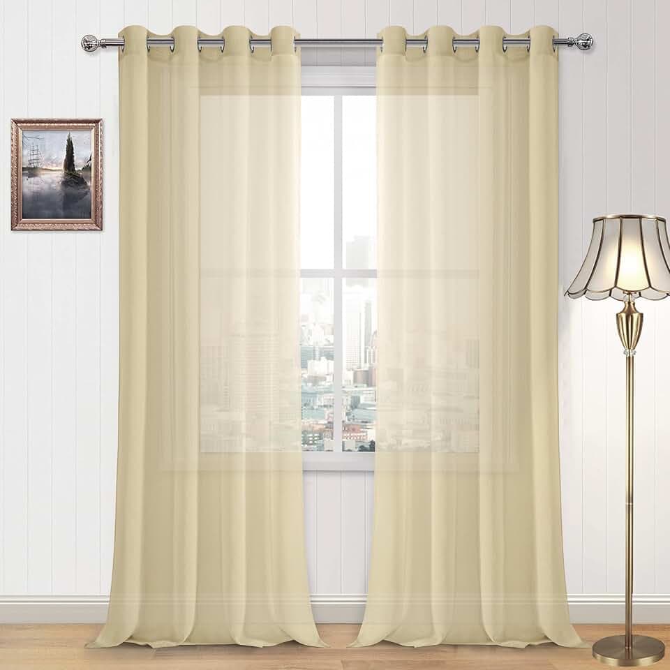 DWCN Sheer Curtains, Grommet Top Window Curtains for Bedroom Living Room, Faux Linen Look Voile Semi Transparent Solid Sheer Curtains Set of 2 Panels 52 x 108 Inch Long, Beige