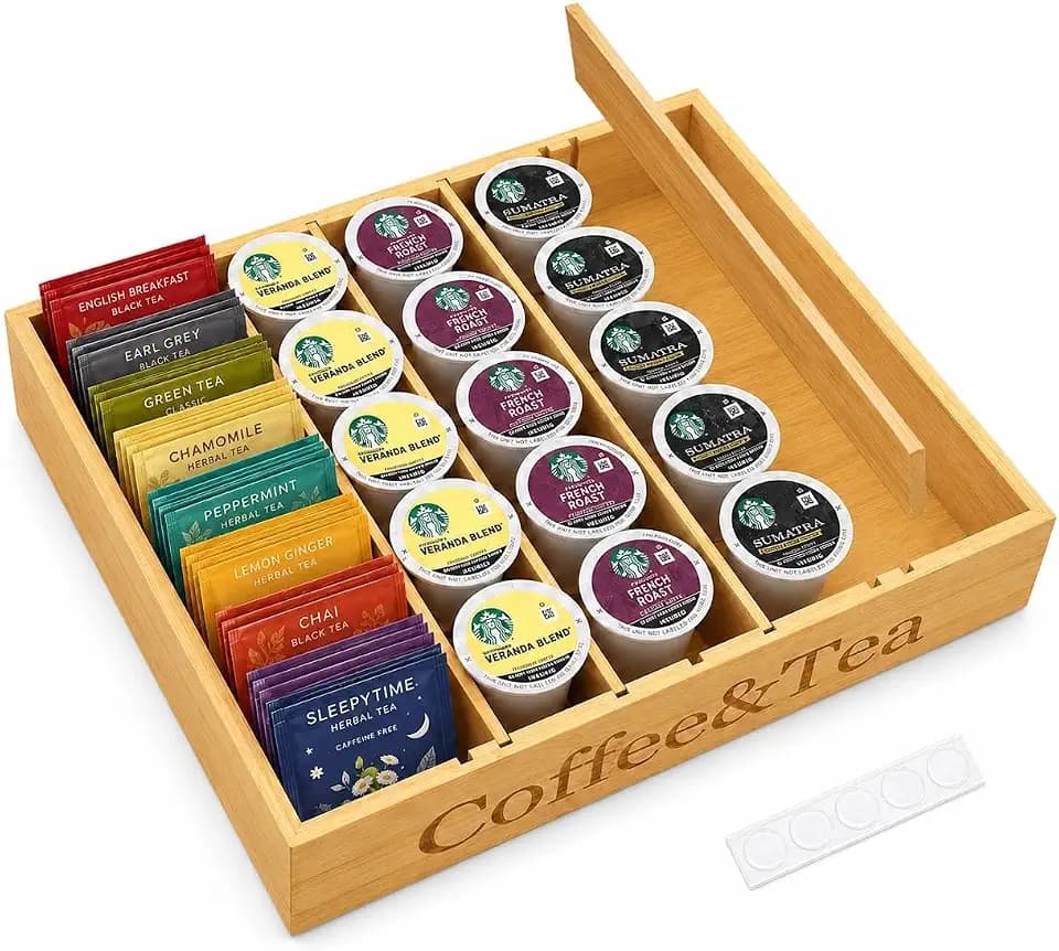 MinBoo Premium Bamboo Coffee Station & Tea Bag Organizer Box -7 Adjustable Slots with Removable Dividers, Silicone Non-Slip Pads - Eco-Friendly Countertop & Drawer Storage for K-Cups, Office Breakroom