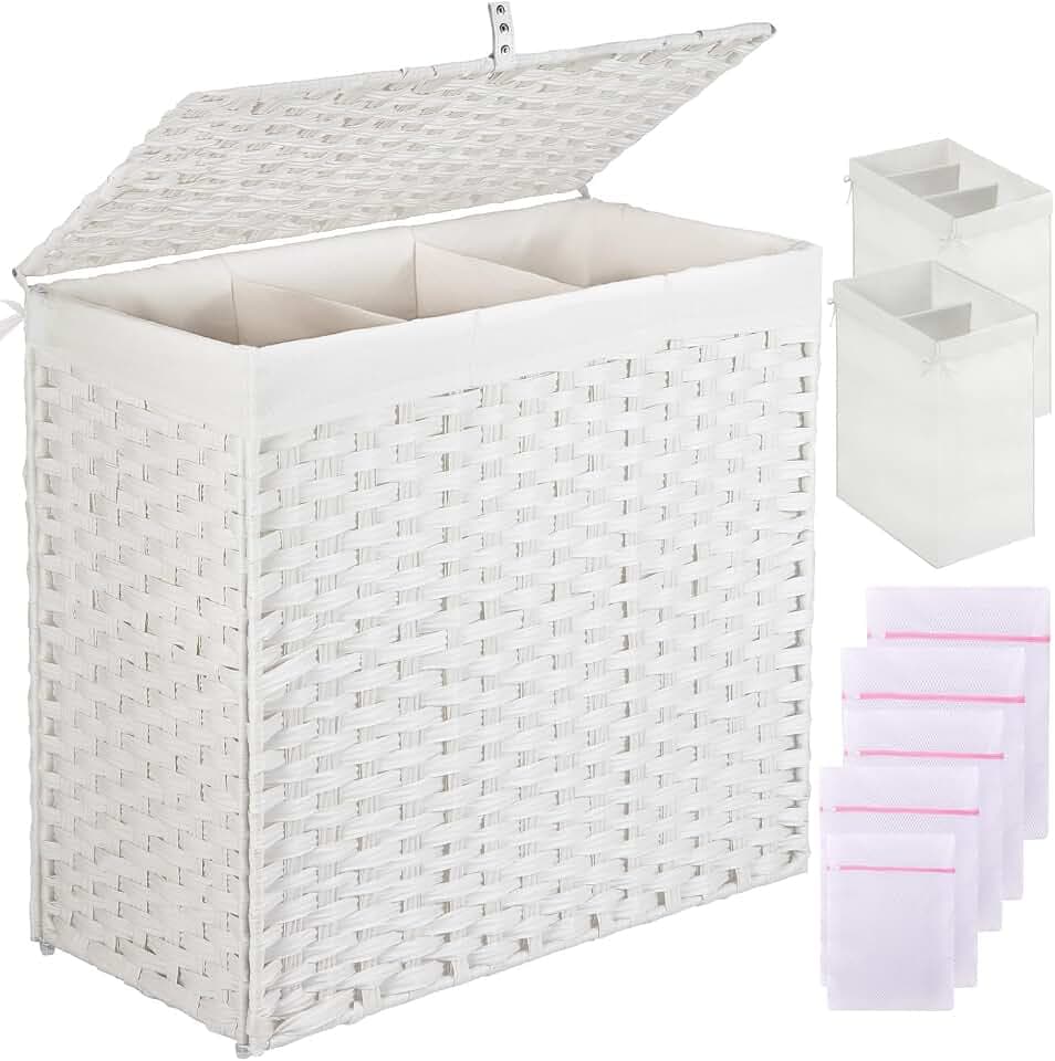 Greenstell Laundry Hamper with Lid, 125L Large Clothes Hamper with 3 Section & 2 Section Removable Liner Bags & 5 Mesh Laundry Bags, Handwoven Synthetic Rattan Divided Laundry Basket, White