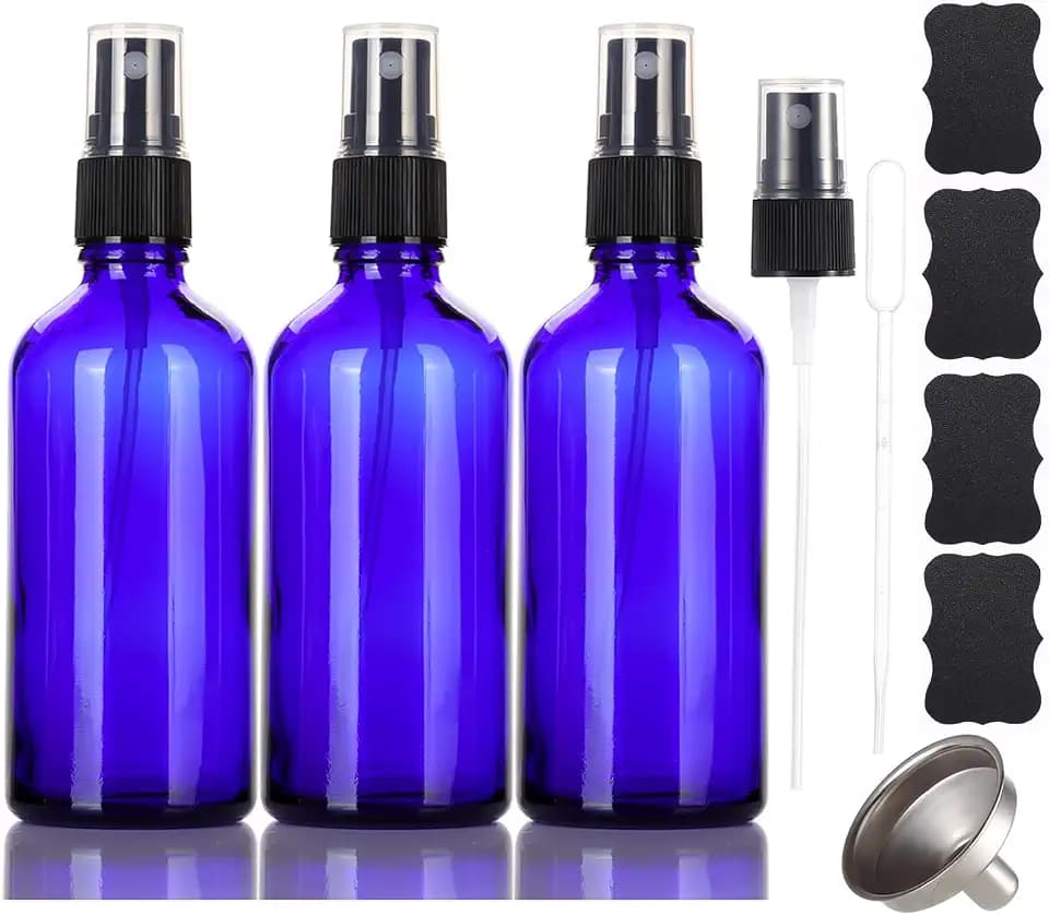 3.4 oz Glass Blue Spray Bottles,Small Empty Fine Mist Refillable Travel Spray Bottle for Cleaning,Perfume,Aromatherapy,Cosmetic Sprays,Hair,Essential Oils with Fine Mist Dispenser(3 Pack)