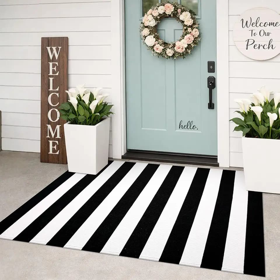 KILOCOCO Black White Striped Rug 3'X5' Front Door Mat Indoor Washable Rugs