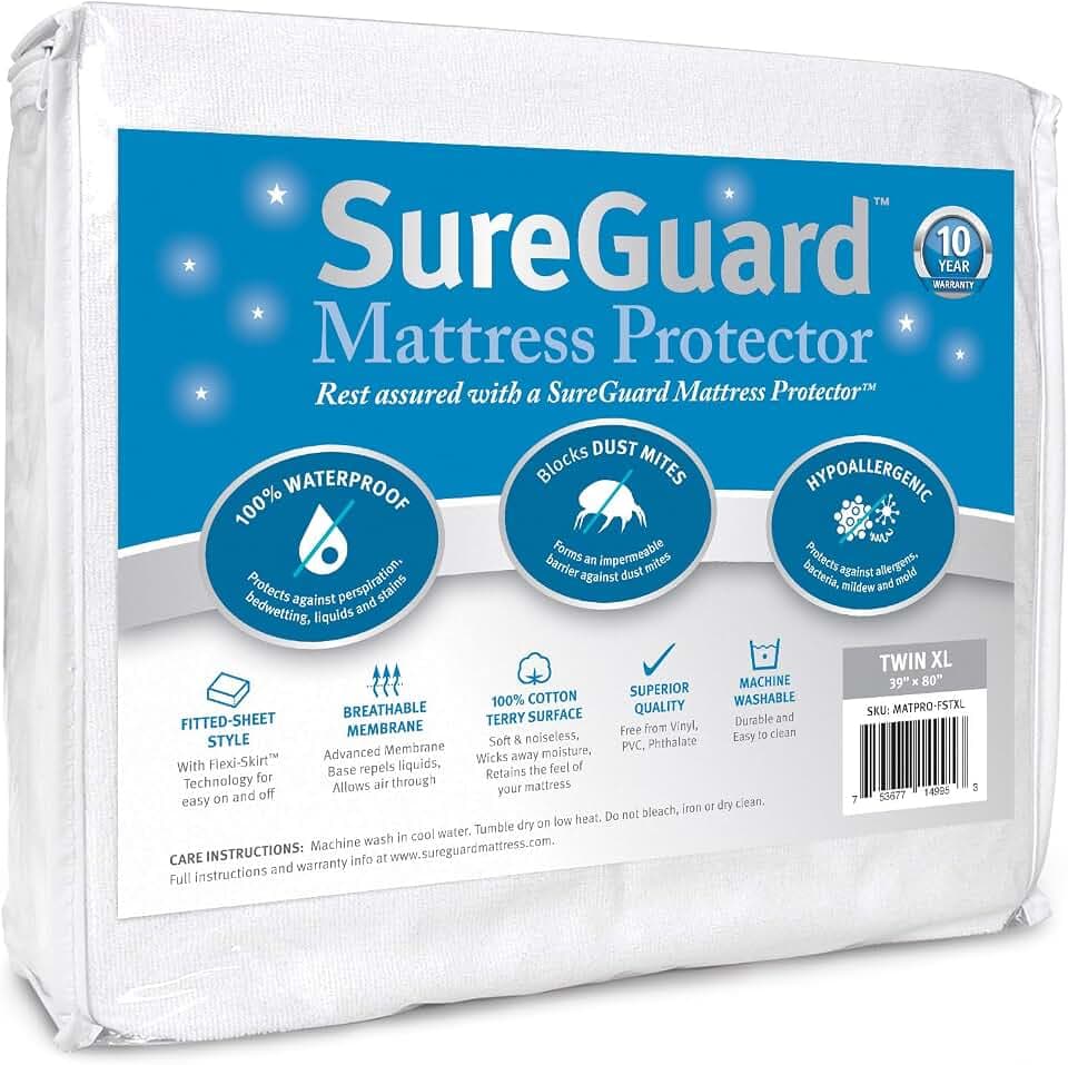 SureGuard Twin Extra Long (XL) Mattress Protector - 100% Waterproof, Hypoallergenic - Premium Fitted Cotton Terry Cover
